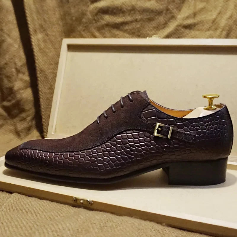 Mens Handmade Leather Dress Shoes Business Crocodile Pattern Oxford Formal Lace-Up Comfortable NonSlip Breathable Office Wedding
