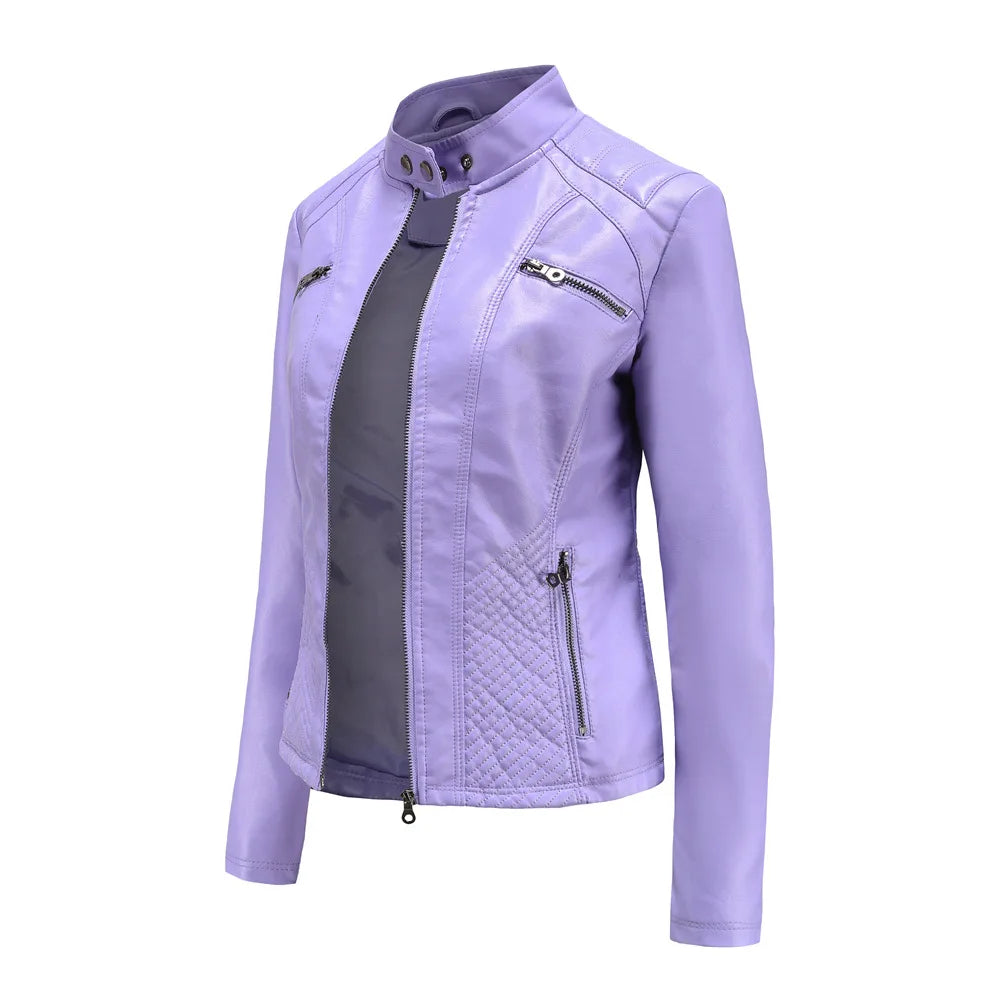 2026 New Lavender Purple Women's Long Sleeve PU Jacket, Fashion Motorcycle Leather Jackets, Red Coat, Black Outerwear.