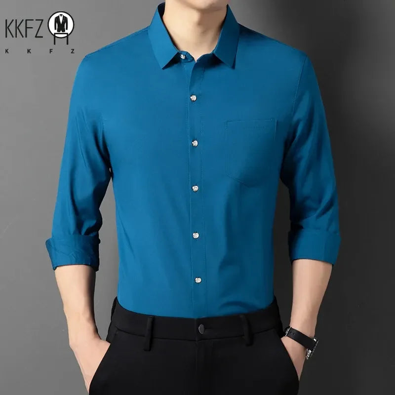 Men's New Casual and Fashionable Long Sleeved Shirt with Pockets Comfortable Wrinkle Resistant and Iron Free Collared Shirt