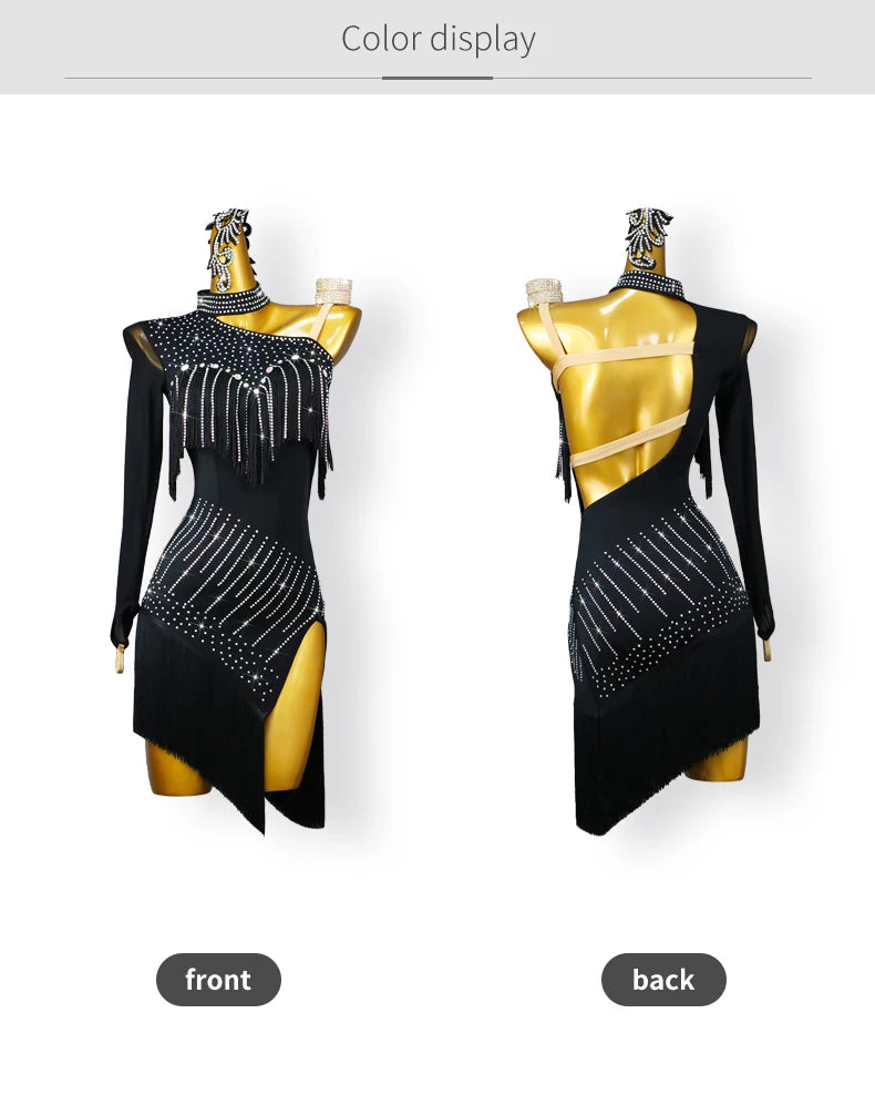 New Black Latin Dance Fringe Dresses Sexy Adult Women Competition Costume Ballroom Skirt Salsa Samba Party Stage Wear Customized