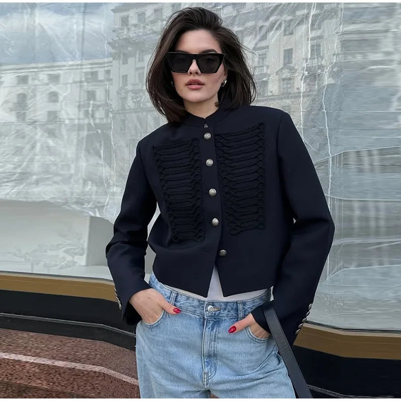 Unique Oblique Button Military Jacket Women Vintage Asymmetry Cropped Napoleon Jackets Lady New Fashion Street Spring Outwear
