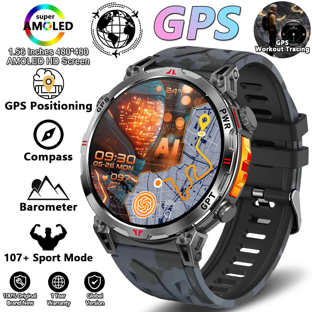 2026 New Outdoor Sports Smartwatch Men GPS Positioning 650mAh HD Call 1.56-inch AMOLED Screen Compass 5ATM Waterproof Watch Man