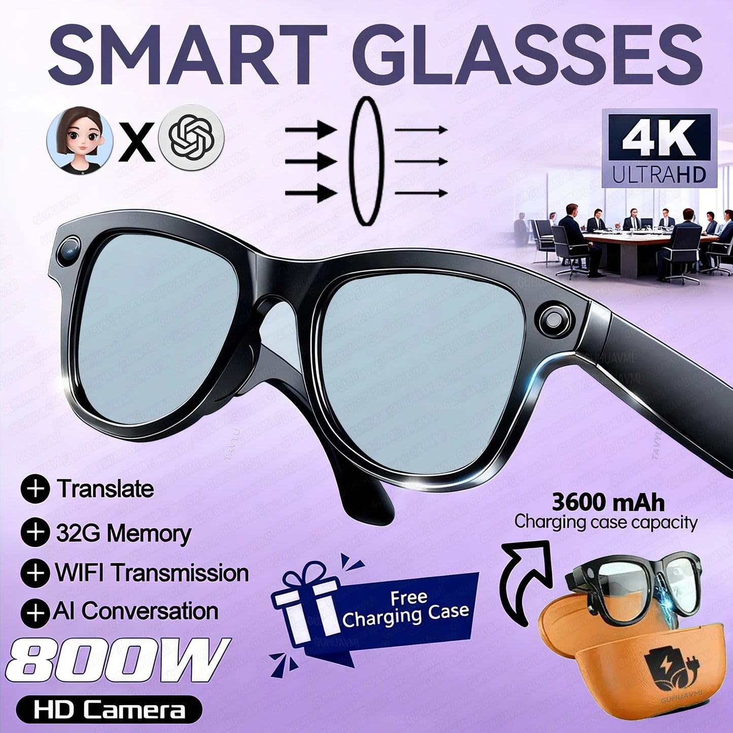New 800W Camera 3600mAh Power Bank Smart Glasses Men Translator Take Photo WIFI Transmission Music Player AI Chat Glasses Women