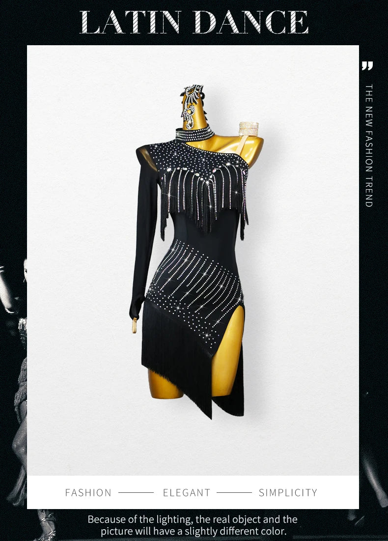 New Black Latin Dance Fringe Dresses Sexy Adult Women Competition Costume Ballroom Skirt Salsa Samba Party Stage Wear Customized