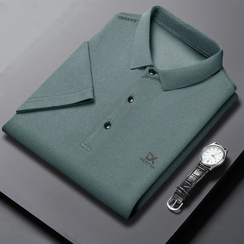 New Men's Business Casual Short Sleeved Shirt with Badge Solid Color Polo Shirt Fashionable Breathable Comfortable Versatile Top