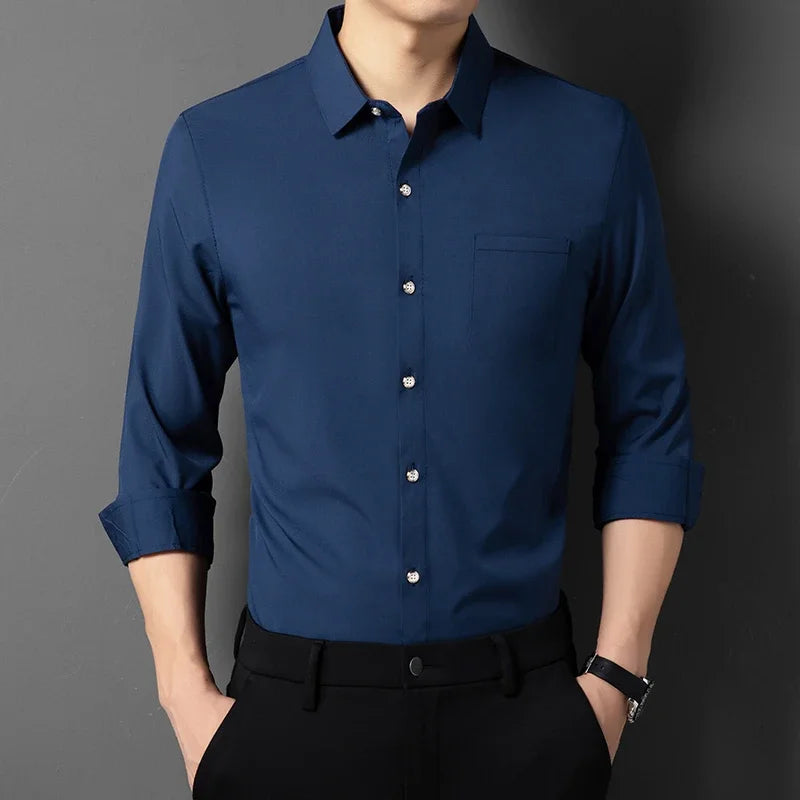 Men's New Casual and Fashionable Long Sleeved Shirt with Pockets Comfortable Wrinkle Resistant and Iron Free Collared Shirt