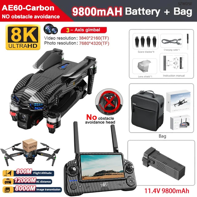 AE60 Ultra GPS Drone Profesional 8K HD Camera 3-axis gimbal Aerial Photography 12KM Obstacle Avoidance FPV Airdrop Fishing Drone