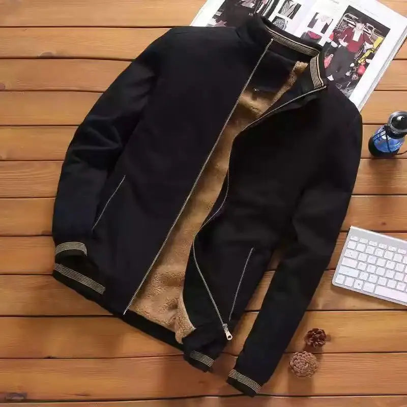 Autumn and Winter New Men's Fashion Pilot Jacket with Thick Velvet and Warm Baseball Jacket Solid Color Zipper Large Top M-5XL