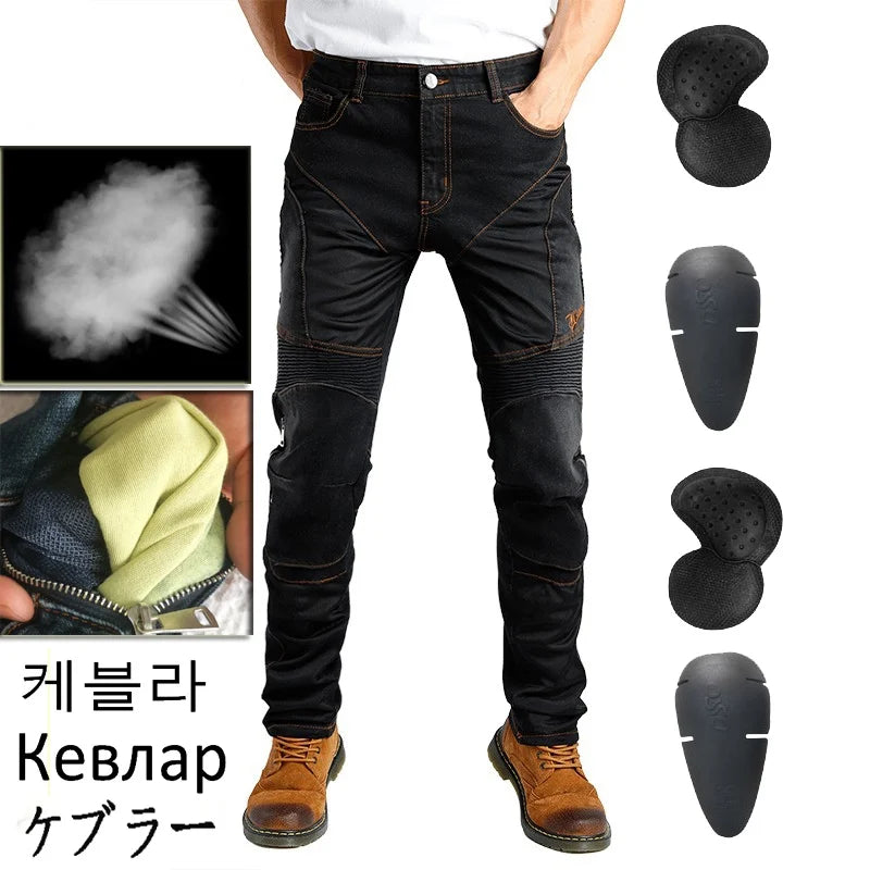 Men Summer Motorcycle Jeans Blue Mesh Protective Riding Pants Black Motocross Gear Motorbike Trousers