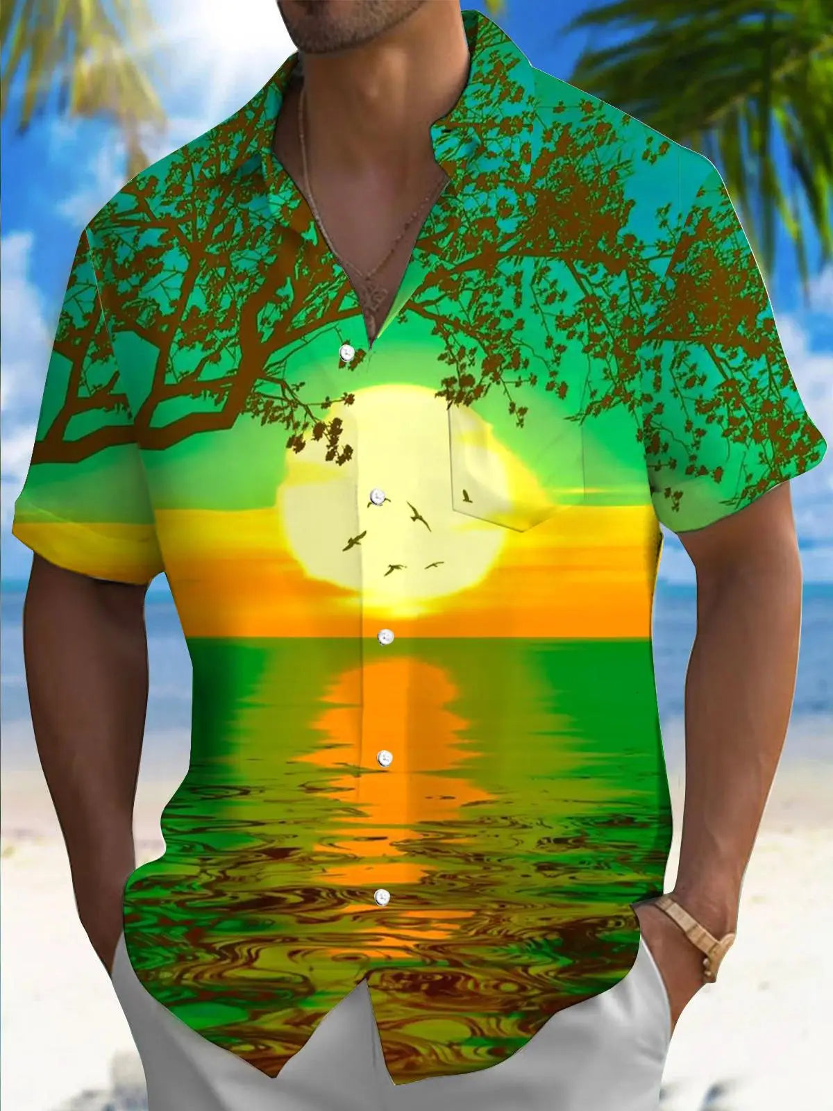 New Hawaii Spring/Summer Fashion Leisure Street Walk Tourist Beach Printed Full Open Short Sleeve Button Shirt, Quick Shipping