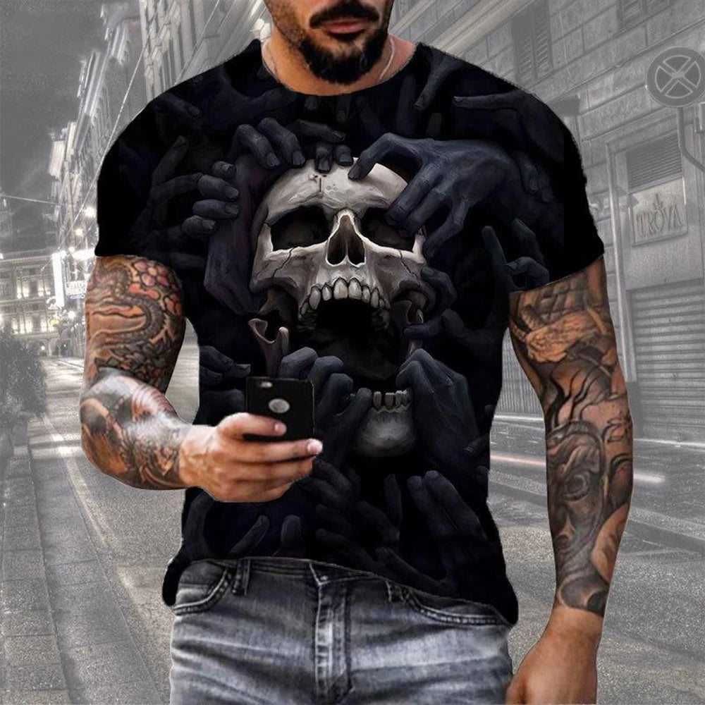 Summer Fashion Retro Skull 3D Printed T-shirt Hip Hop Personality Super Cool Horror Casual T-shirt
