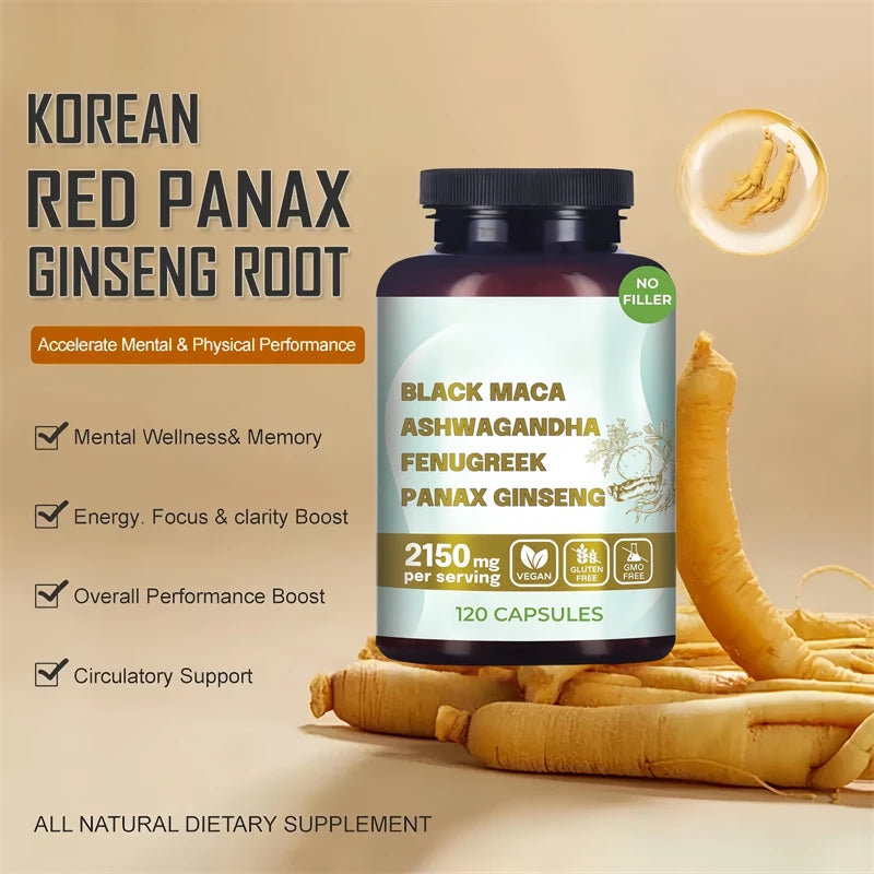 Original Black Maca Root, Ashwagandha, Panax Ginseng, Fenugreek Capsules, Male Enhancing Supplement Natural 4-in-1 Organic