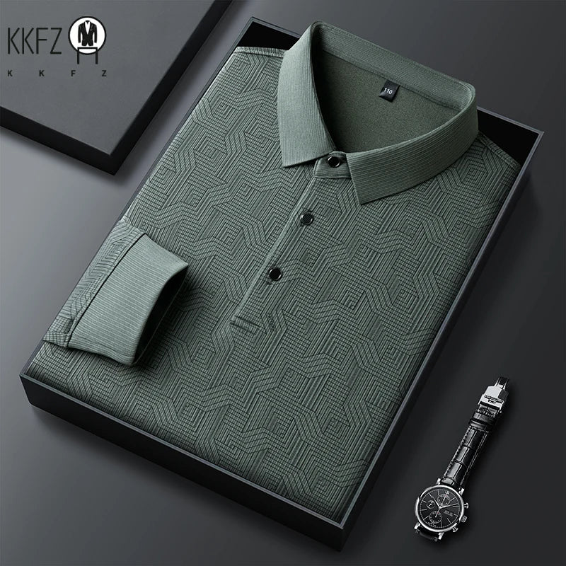 New Men's Business Casual Long Sleeved Shirt with Badge Solid Color Polo Shirt Fashionable Breathable Comfortable Versatile Top