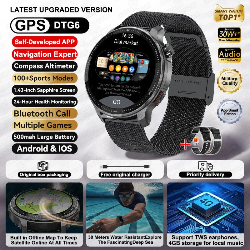 2026NEW GPS Offline Maps Sport Smart Watch Men 4GB Memory Music Video Player AMOLED 3D Menu Style Swim Waterproof Smart Bracelet