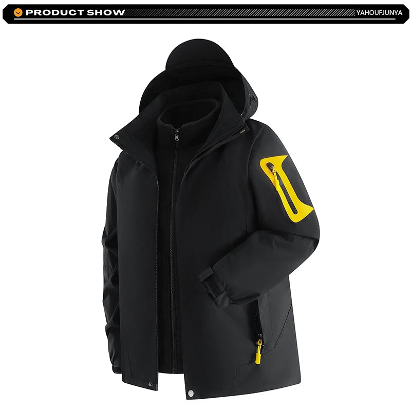Winter Men Triple Windbreak Thick Warm Removable Hooded Jacket Men Autumn Hiking Outdoor Travel Camping Skiing Jacket Coat Male