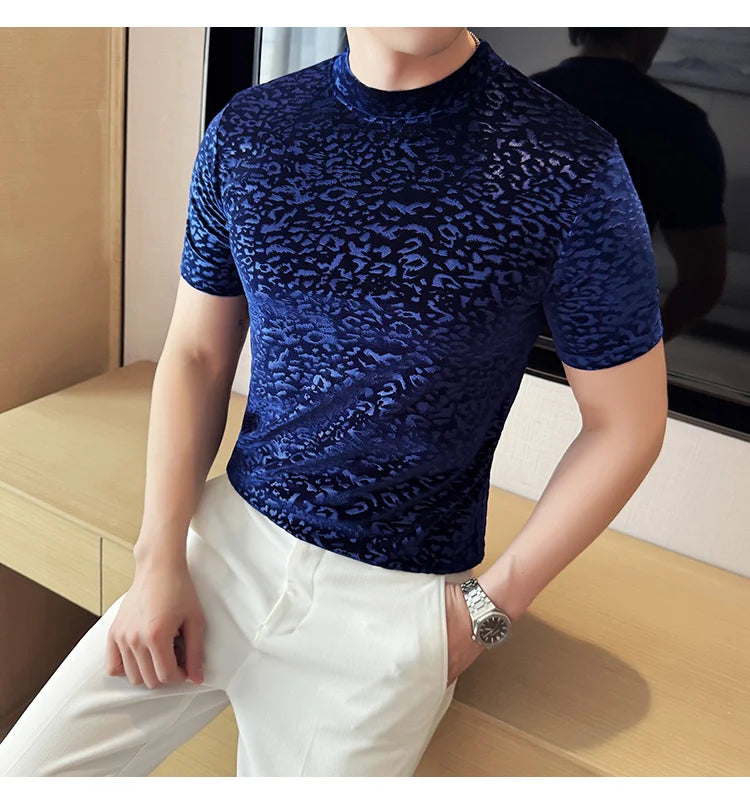 Men's T-Shirts Korean Fashion Gold Velvet Short Sleeve Mens Casual T Shirt Slim Fit Breathable Turtleneck Tee Shirt Homme 4XL-M