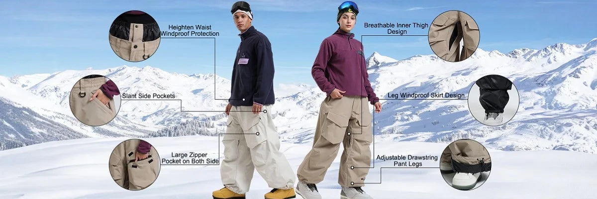 Men Baggy Wear-resistant Skiing Pants Women Insulated Loose Pockets Winter Trousers Outdoor Sports Waterproof Clothes 2025 Warm