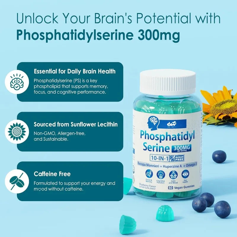 Phosphatidylserine supplement, adult focus and energy gummies, 10 in 1 brain supplement, containing purslane, 60 capsules