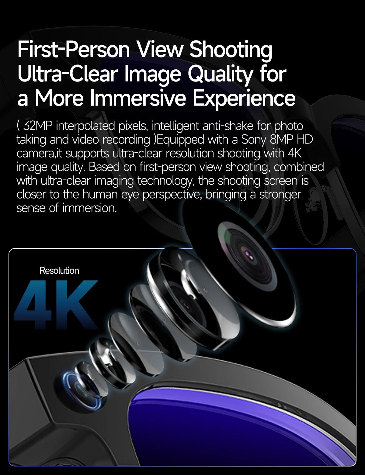 New 4K HD AI Smart Glasses 800w Pixel Multifunctional Camera Ultra Bluetooth Call Voice Assistant Music Player Smart Translation