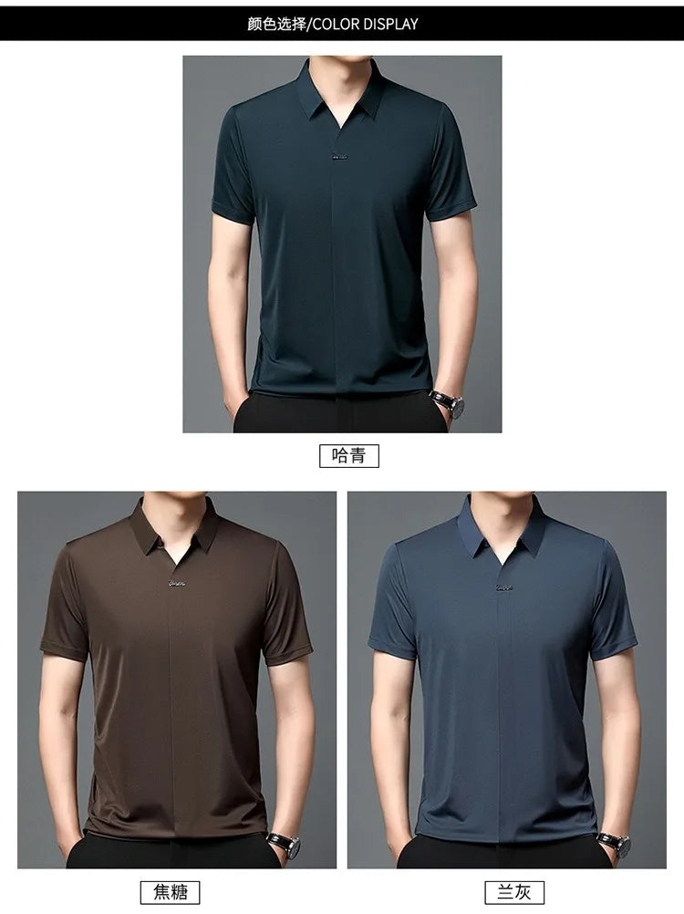 High End Mulberry Silk T-shirts Man Long Sleeve Tops Business Casual Elastic Non-iron Seamless Quality Luxurious Men Polo Shirts