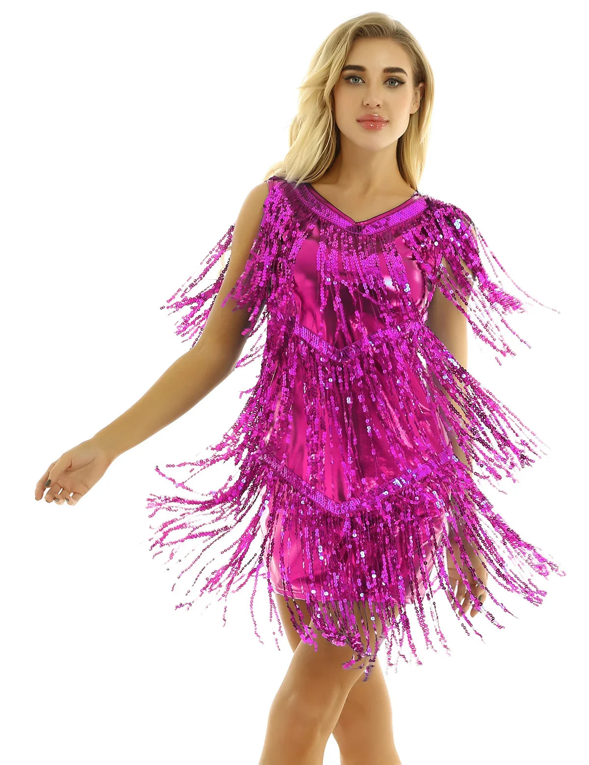 Women Latin Dress Shiny Sequin Sleeveless Tassels Fringed Dress Tango Samba Rumba Ballroom Salsa Jazz Dance Performance Costume