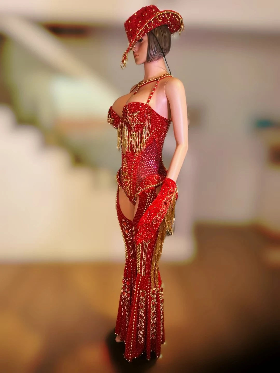 Women Sparkly Rhinestone Bodysuit 4Pieces Set Night Party Cowboy Show Outfit Cabaret Carnival Showgirl Sexy Jumpsuit Hongding