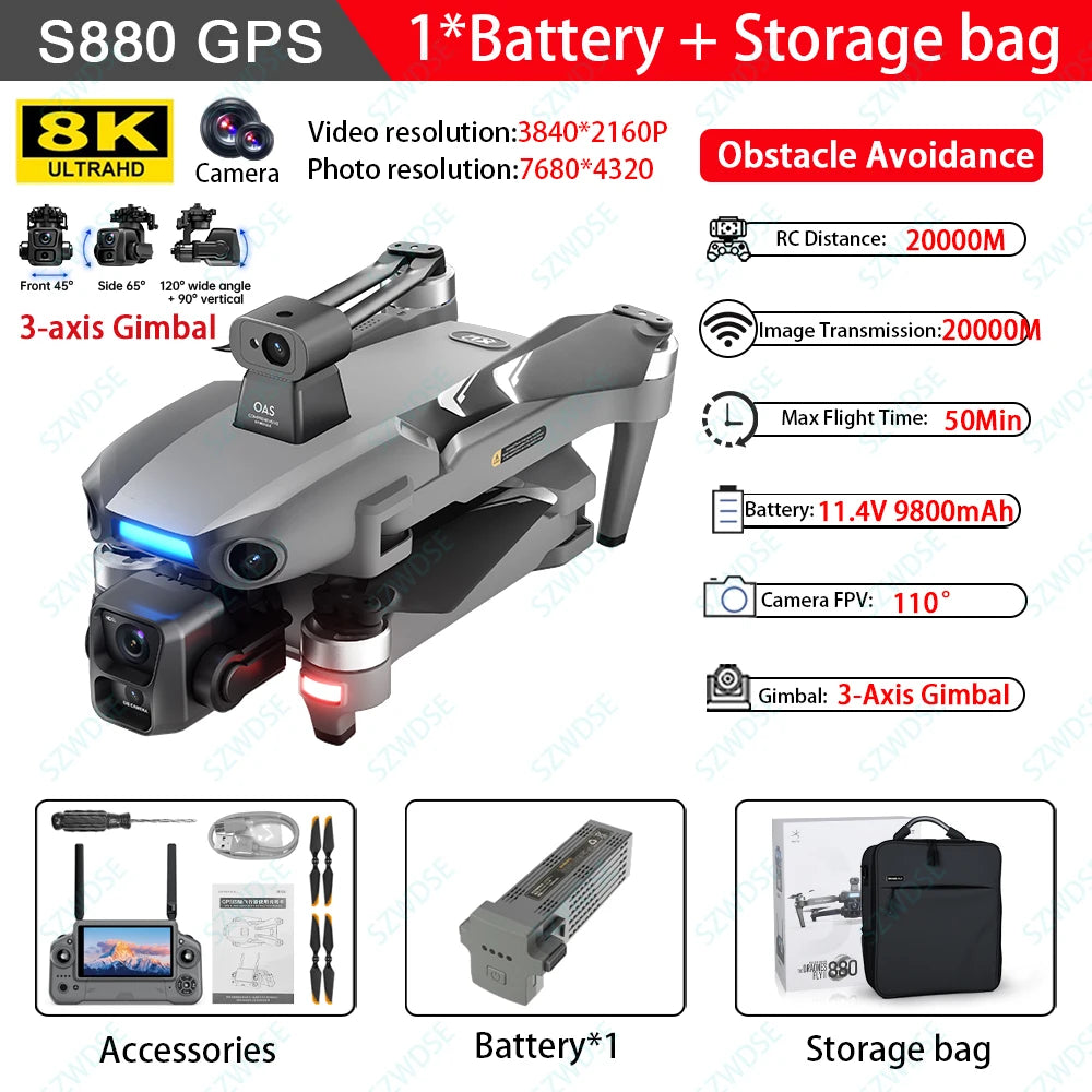S880 Flagship Drone 8K Dual Cameras 3-Axis Gimbal 5G FPV GPS Return TouchScreen RC Obstacle Avoidance Optical Flow Hovering Dron