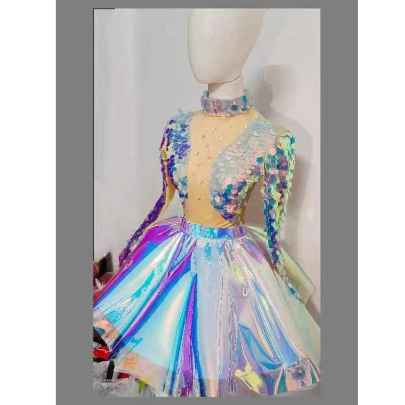 Sexy Mermaid Cosplay Jumpsuit Women Colorful Sequins Fish Scale Rhinestone Bodysuit Masquerade Party Dress Gogo Dancer Swimsuits