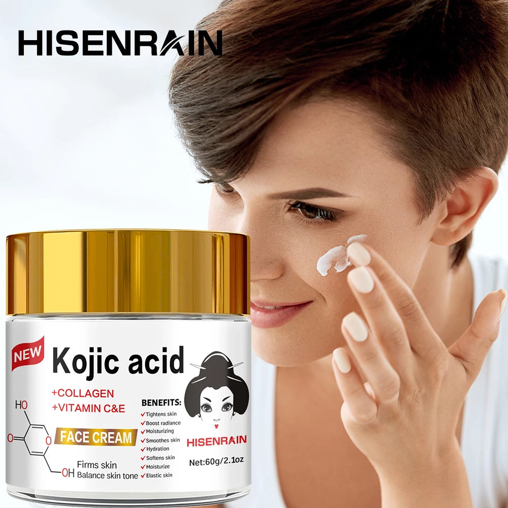 HISENRAIN Kojic Acid Cream - Brightening Glass Jar Face Moisturizer, Anti Dark Spots, Skin Whitening & Anti-Aging, for All Skin