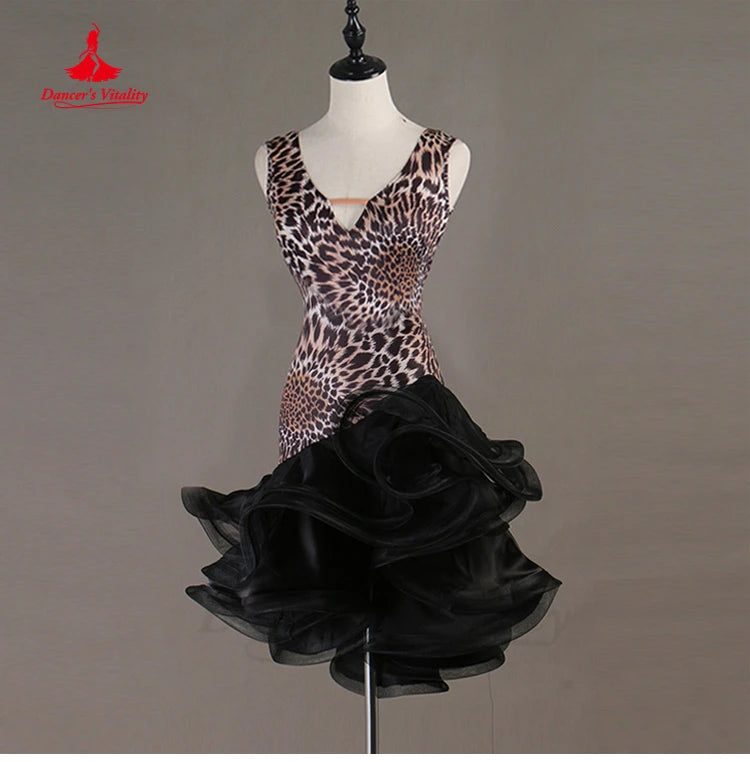 Latin Dance Dress V-Neck Wave Point Skirt Profession Custom Female Adult Child Elegant Performance Clothes Competition Clothing