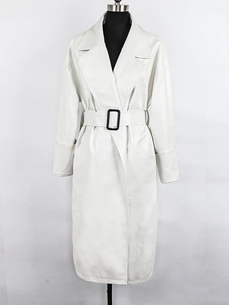 Lautaro Long oversized pu leather trench coat for women long sleeve lapel loose fit Fall Stylish black women clothing streetwear