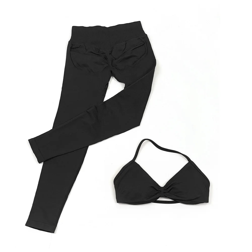 Seamless 2 Pieces Strappy Yoga Halter Bras Sets Scrunch Butt Sports Shorts Quick Dry Backless Gym Crop Tops with Pad Push Up Set