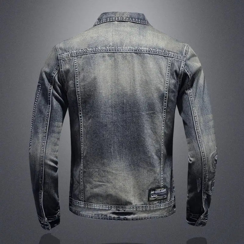 2025 Men's Autumn Winter Brand Casual Cotton Jacket with American Retro Motorcycle Embroidered Street Fashion Grey Jeans Coat