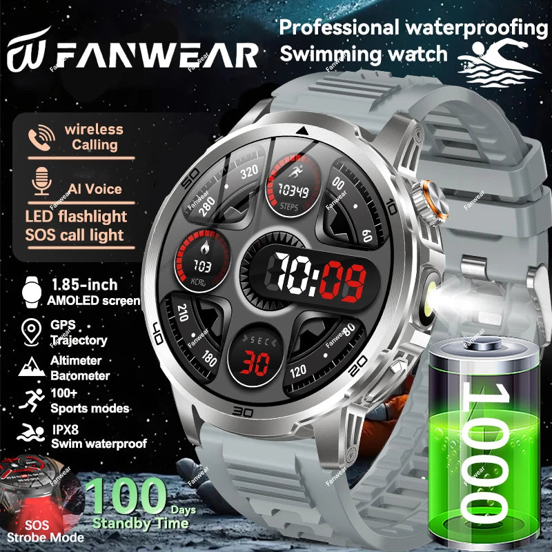 Fanwear men's smart watch SOS distress light +LED flashlight dual light mode 1000 mAh battery GPS trajectory 1.85 inch AMOLED