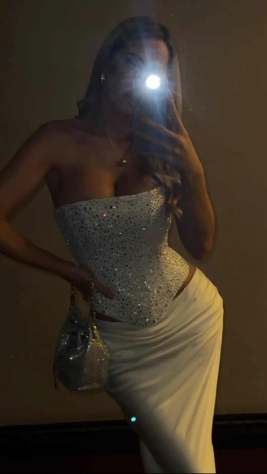 Sexy Sequin Top Long Skirt Set Women Strapless Off-shoulder Slim Tops High Waist Satin Skirts Sets Lady Vacation Party Outfits