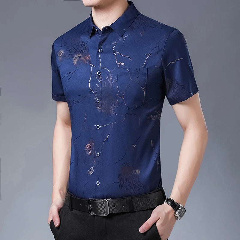 New Men's Casual Printed Short Sleeved Lapel Shirt for Summer Fashion Comfort No Ironing Wrinkle Resistant Top