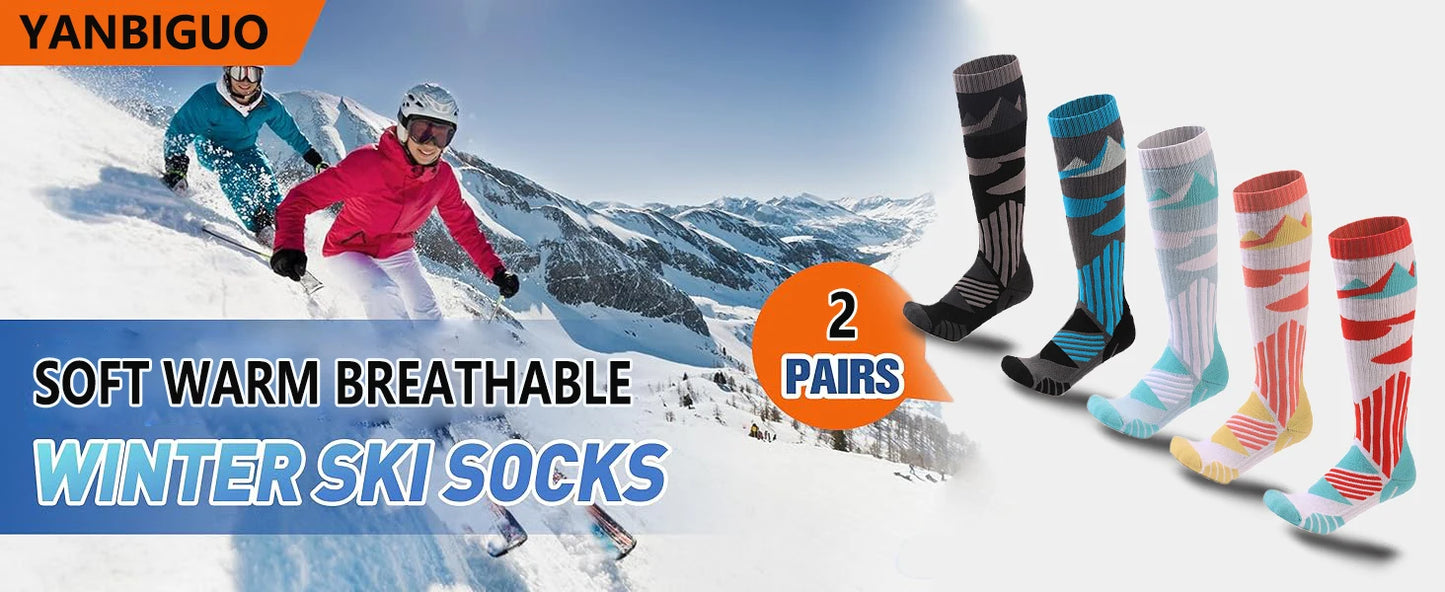 YANBIGUO 2 Pairs Thicken Ski Socks,Thermal Warm Winter Knee-High Snowboarding Skiing Sock for Hiking,Cycling,Snow,Snowboarding
