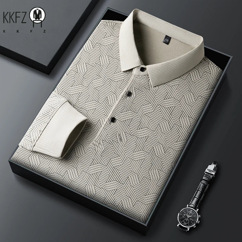 New Men's Business Casual Long Sleeved Shirt with Badge Solid Color Polo Shirt Fashionable Breathable Comfortable Versatile Top