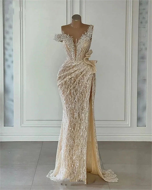 2025 Sparkly Light Champagne Sequins Prom Gowns Beading Mermaid Off Shoulder Evening Party Dresses Women Pageant Formal Dress