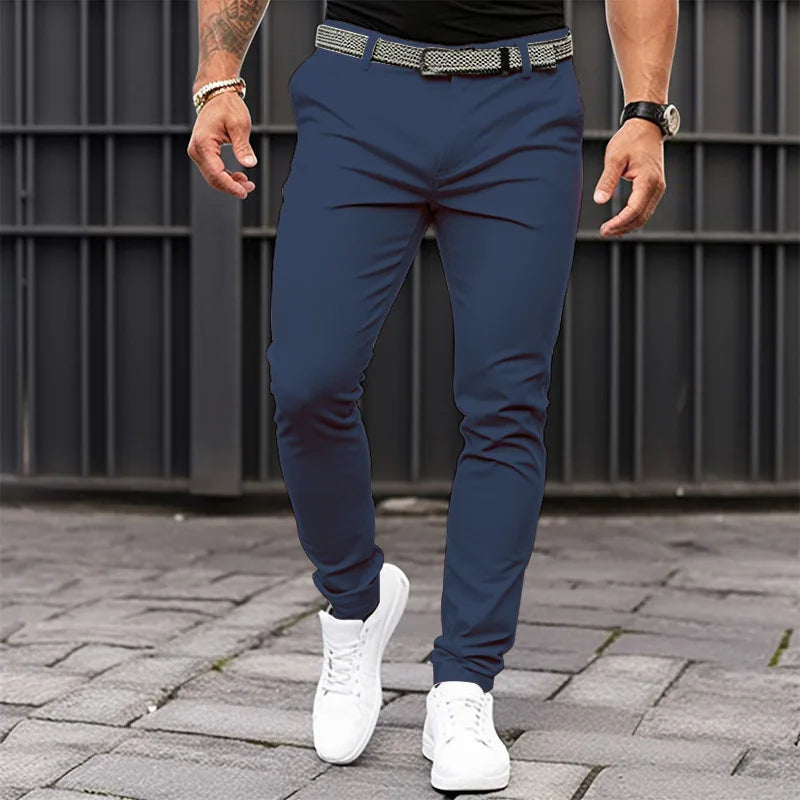 Men's Solid-color Slim-fit Pants with Front Pockets and Zippers for Business Casual Wear with Tapered Bottom Pants Men