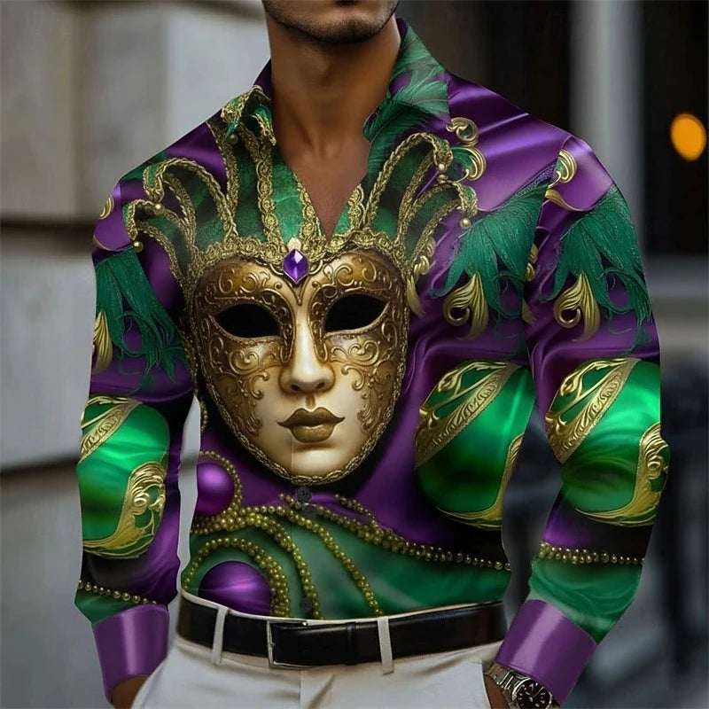 Men's Carnival Themed Feather Mask Print Long-Sleeve Shirt, Fashionable Street Style Party Casual Loose Fit Men's Top XS-6XL