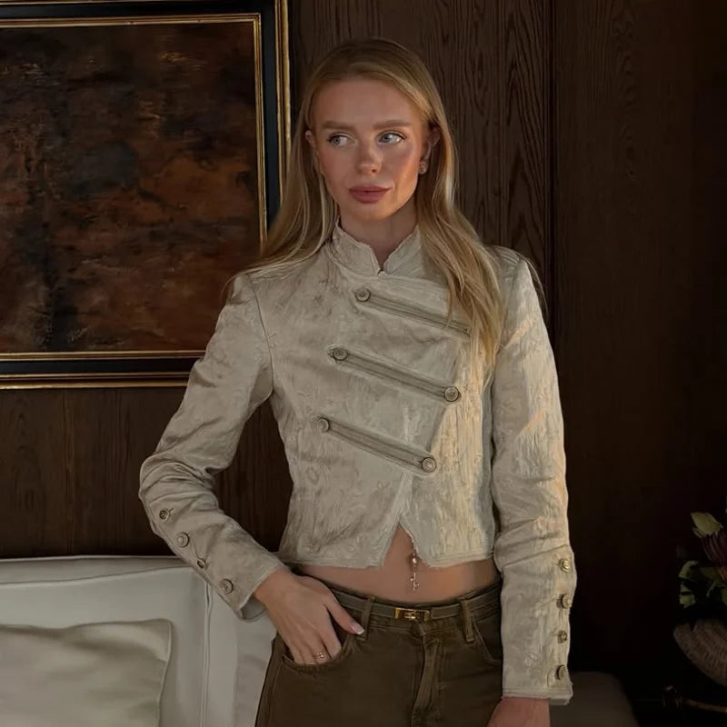 Unique Oblique Button Military Jacket Women Vintage Asymmetry Cropped Napoleon Jackets Lady New Fashion Street Spring Outwear