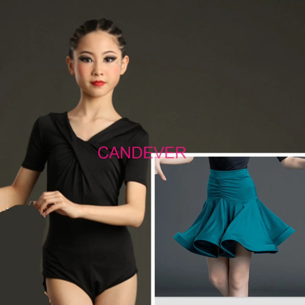 sexy Latin Dance Costume For Girls Ballroom Salsa Tango top Skirts Kids Child lace Leopard Latin Dance Split Dress Leotard Skirt