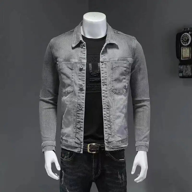 2025 Men's Autumn Winter Brand Casual Cotton Jacket with American Retro Motorcycle Embroidered Street Fashion Grey Jeans Coat