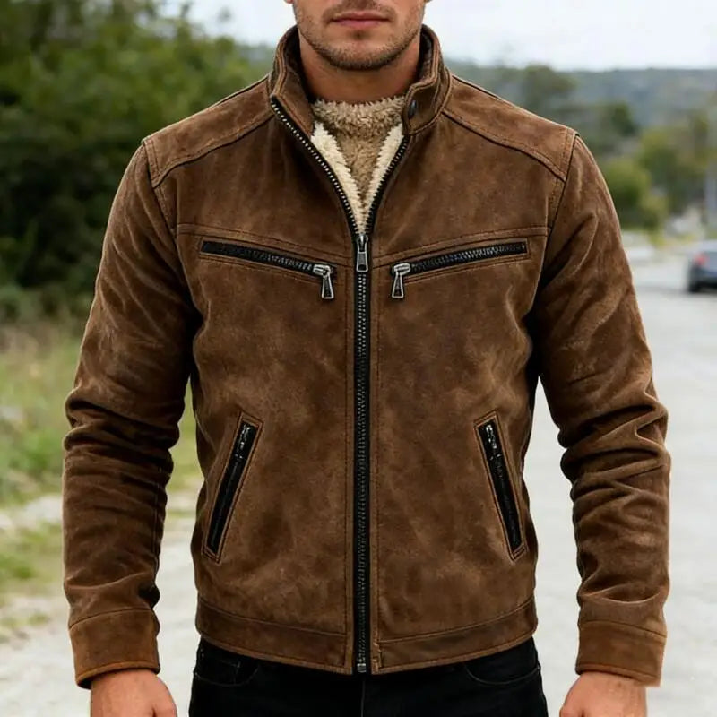 Winter Men's Retro Brown Zipper Pocket Casual Jacket Man Fleece Stand Collar Outwear Men Warm Loose Vintage Motorcycles Jackets