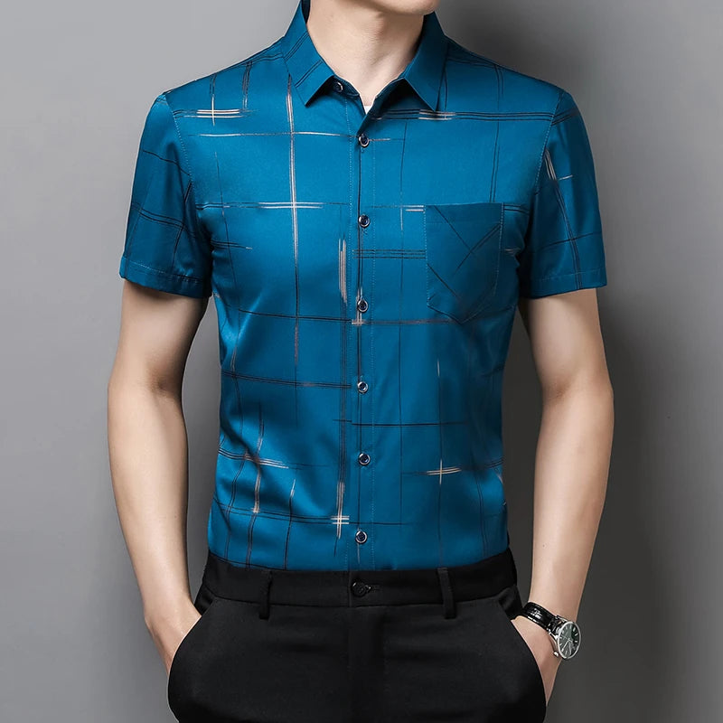 Men's Business Casual Short Sleeve Shirt New No Iron Wrinkle Resistant Top Easy Care Comfortable Fit for Office And Work