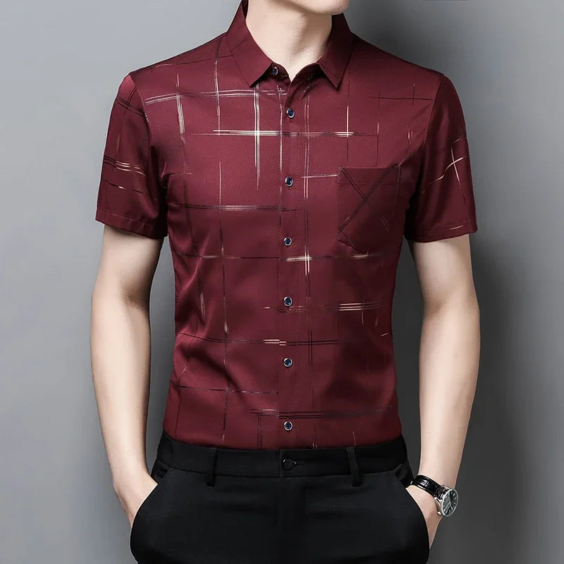 Men's Business Casual Short Sleeve Shirt New No Iron Wrinkle Resistant Top Easy Care Comfortable Fit for Office And Work