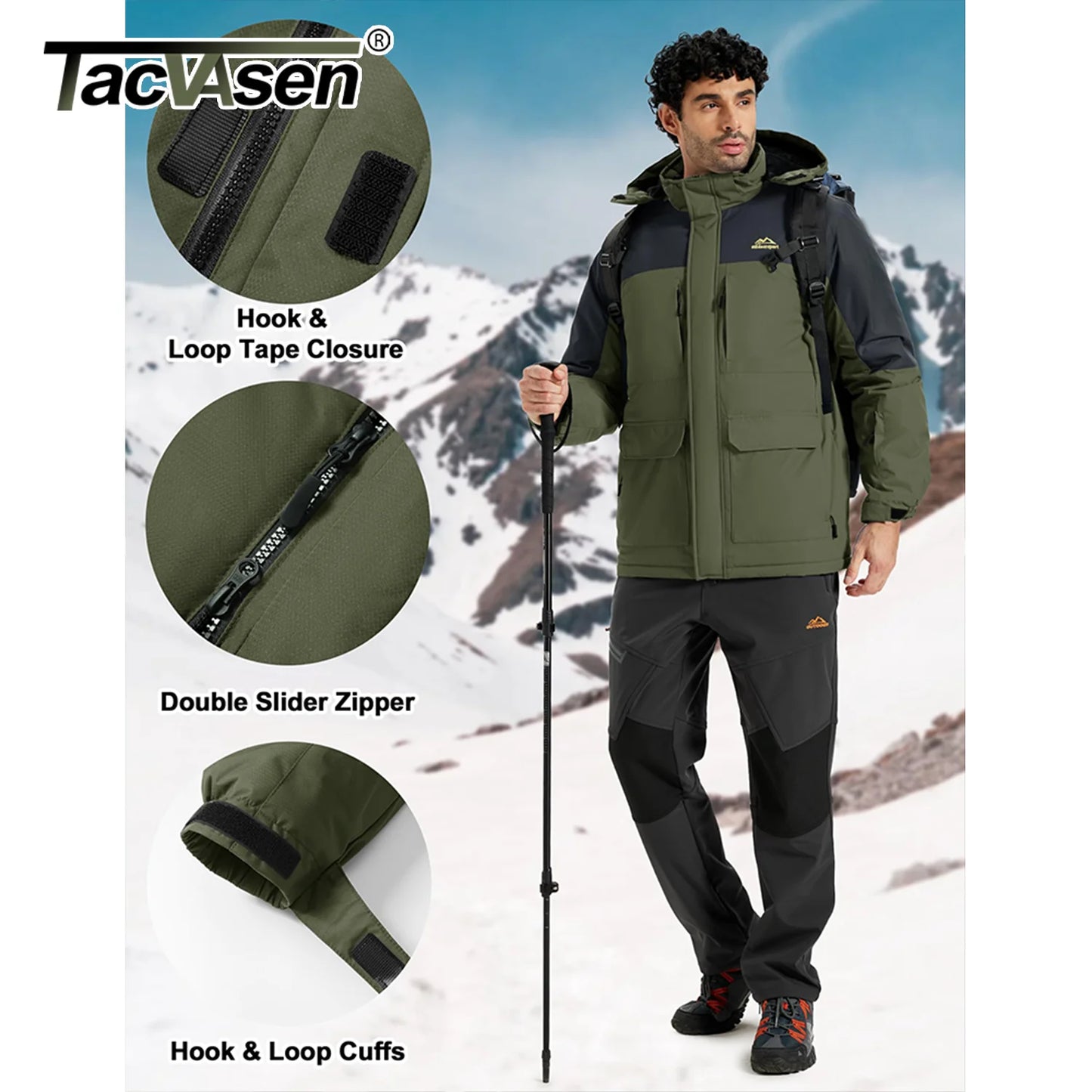 TACVASEN Winter Heavyweight Coats Mens Ski Snow Waterproof Jackets Fleece Warm Snowboard Hooded Jacket Parka Raincoats 9 Pockets