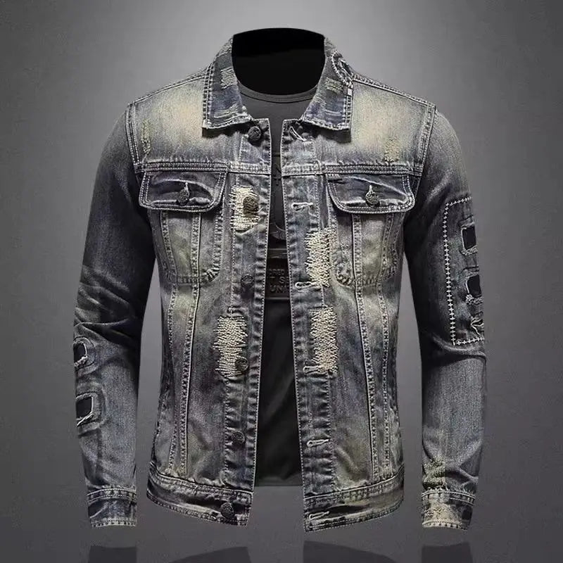 2025 Men's Autumn Winter Brand Casual Cotton Jacket with American Retro Motorcycle Embroidered Street Fashion Grey Jeans Coat