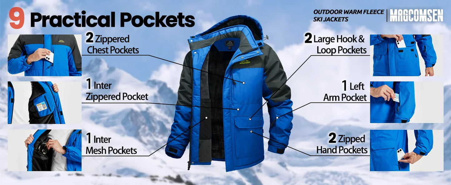 TACVASEN Winter Heavyweight Coats Mens Ski Snow Waterproof Jackets Fleece Warm Snowboard Hooded Jacket Parka Raincoats 9 Pockets